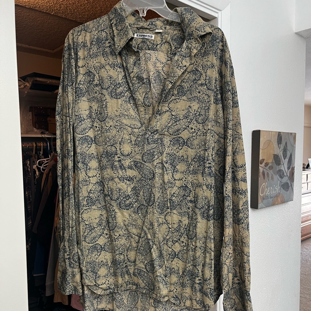 Express Navy and Khaki Abstract Shirt